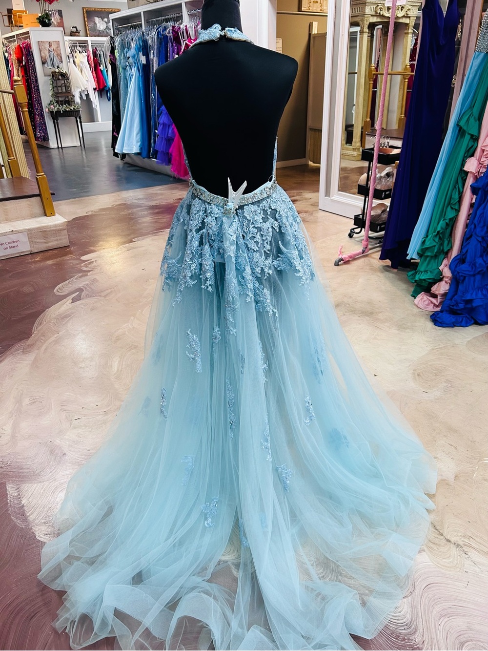 Jovani Light Blue Lace Halter Gown - Picture 5 of 7